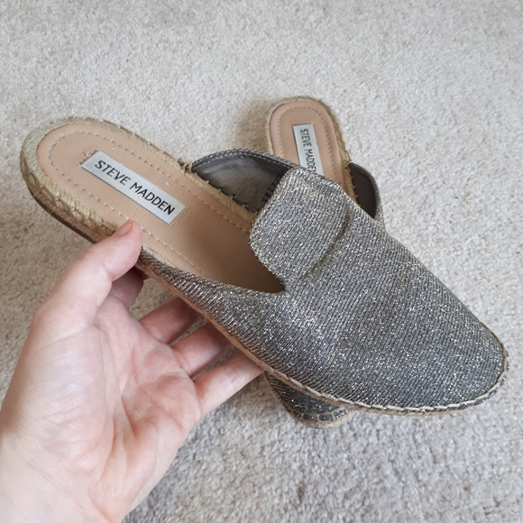 Steve Madden Shoes - STEVE MADDEN / 8 / Women's Joe Joe Sparkle Espadrille Sandals Flat Mule - Silver